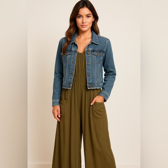 Other - Boom Boom Jeans Distressed Denim Jacket (L) + Derek Heart Olive Green Romper (M)